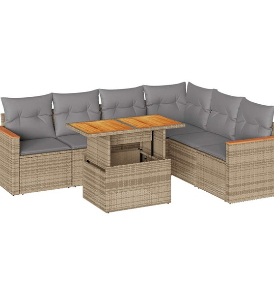 7-tlg. Garten-Sofagarnitur mit Kissen Beige Poly Rattan Akazie
