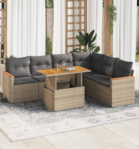 7-tlg. Garten-Sofagarnitur mit Kissen Beige Poly Rattan Akazie