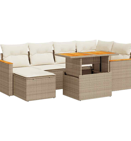 7-tlg. Garten-Sofagarnitur mit Kissen Beige Poly Rattan Akazie