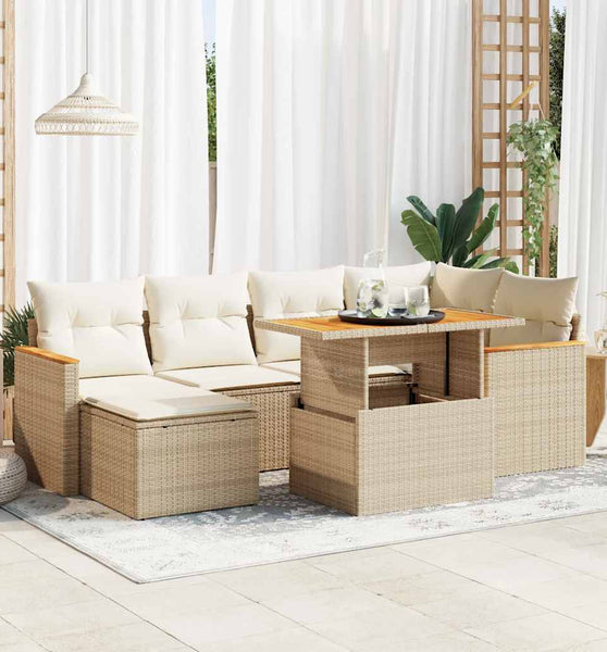 7-tlg. Garten-Sofagarnitur mit Kissen Beige Poly Rattan Akazie