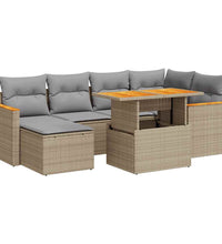 7-tlg. Garten-Sofagarnitur mit Kissen Beige Poly Rattan Akazie