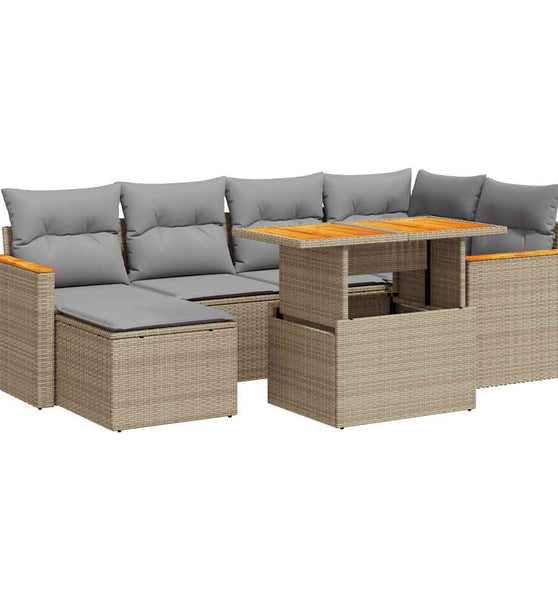7-tlg. Garten-Sofagarnitur mit Kissen Beige Poly Rattan Akazie