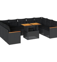 10-tlg. Garten-Sofagarnitur mit Kissen Schwarz Poly Rattan