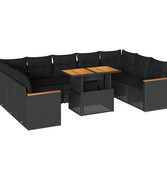 10-tlg. Garten-Sofagarnitur mit Kissen Schwarz Poly Rattan