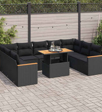 10-tlg. Garten-Sofagarnitur mit Kissen Schwarz Poly Rattan