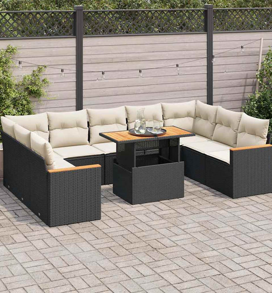 10-tlg. Garten-Sofagarnitur mit Kissen Schwarz Poly Rattan