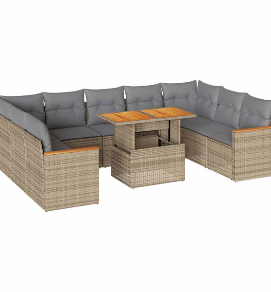 10-tlg. Garten-Sofagarnitur mit Kissen Beige Poly Rattan Akazie