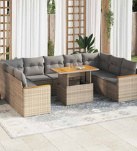 10-tlg. Garten-Sofagarnitur mit Kissen Beige Poly Rattan Akazie