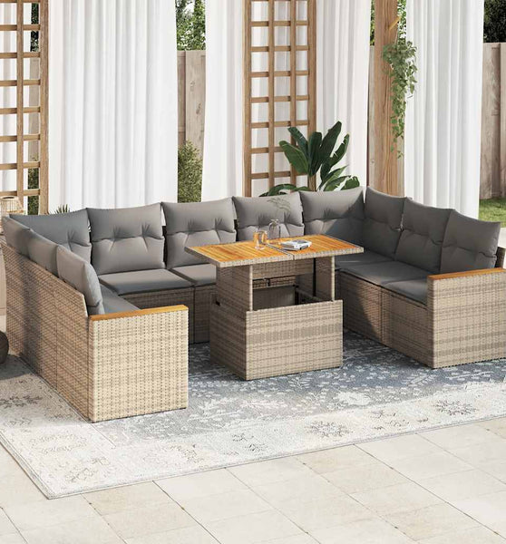 10-tlg. Garten-Sofagarnitur mit Kissen Beige Poly Rattan Akazie