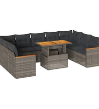 10-tlg. Garten-Sofagarnitur mit Kissen Grau Poly Rattan Akazie