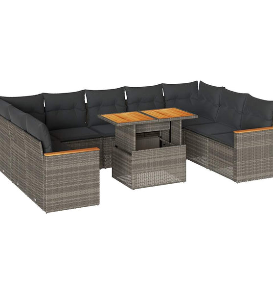 10-tlg. Garten-Sofagarnitur mit Kissen Grau Poly Rattan Akazie