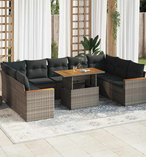 10-tlg. Garten-Sofagarnitur mit Kissen Grau Poly Rattan Akazie