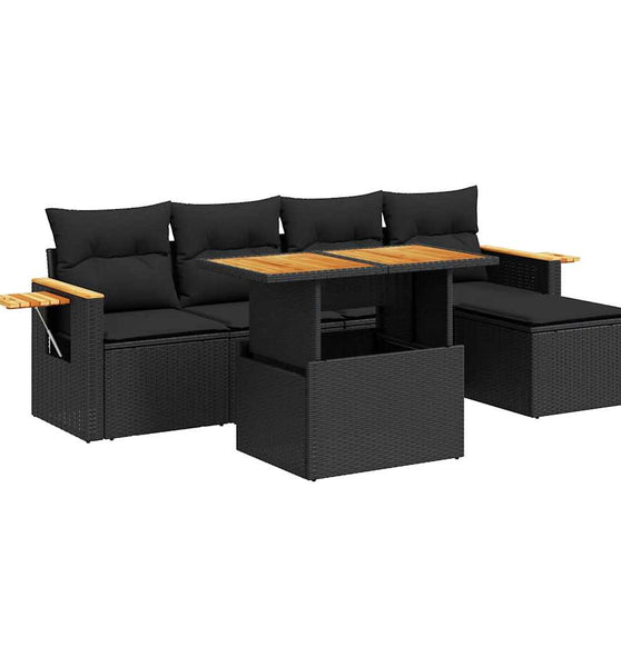 6-tlg. Garten-Sofagarnitur mit Kissen Schwarz Poly Rattan