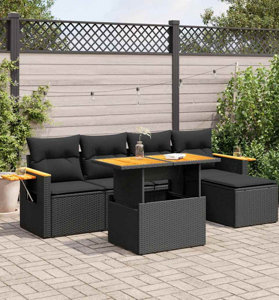 6-tlg. Garten-Sofagarnitur mit Kissen Schwarz Poly Rattan