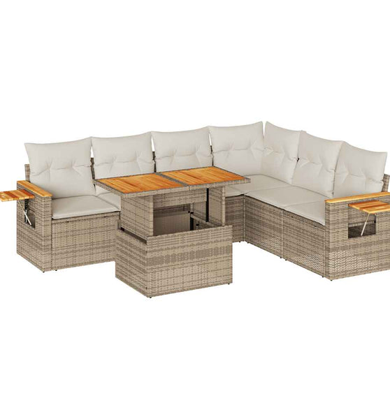 7-tlg. Garten-Sofagarnitur mit Kissen Beige Poly Rattan Akazie