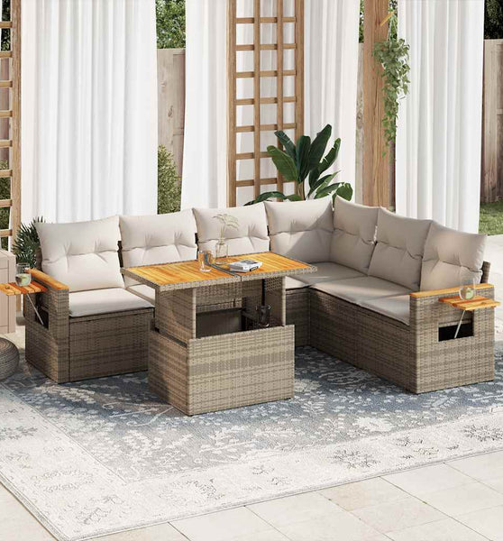 7-tlg. Garten-Sofagarnitur mit Kissen Beige Poly Rattan Akazie