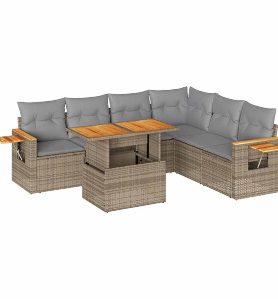 7-tlg. Garten-Sofagarnitur mit Kissen Beige Poly Rattan Akazie