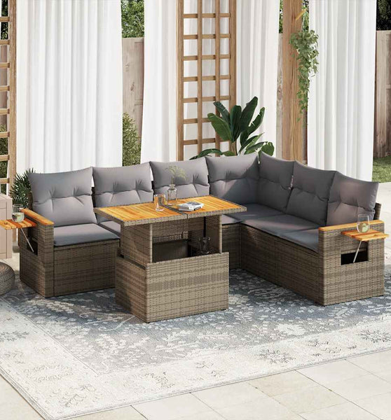 7-tlg. Garten-Sofagarnitur mit Kissen Beige Poly Rattan Akazie