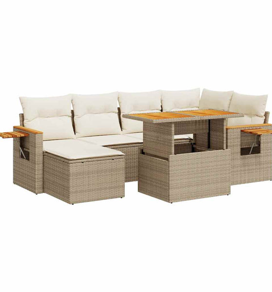 7-tlg. Garten-Sofagarnitur mit Kissen Beige Poly Rattan Akazie
