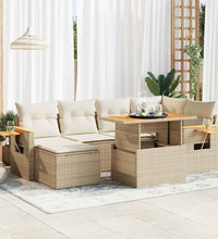 7-tlg. Garten-Sofagarnitur mit Kissen Beige Poly Rattan Akazie
