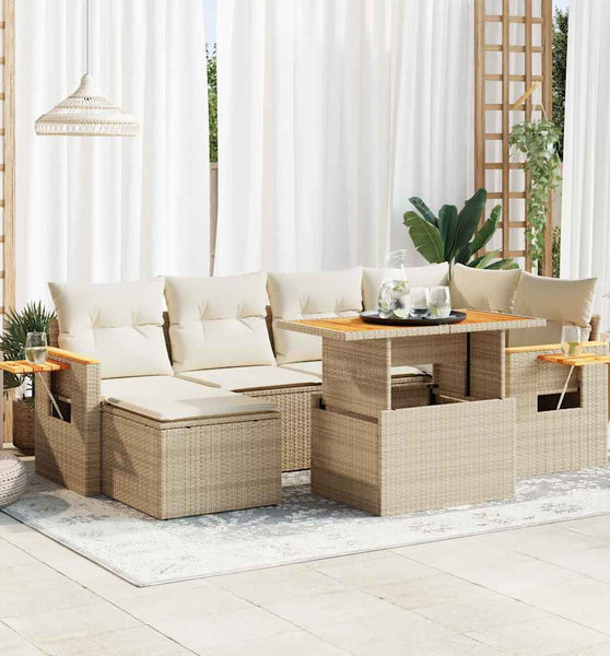 7-tlg. Garten-Sofagarnitur mit Kissen Beige Poly Rattan Akazie