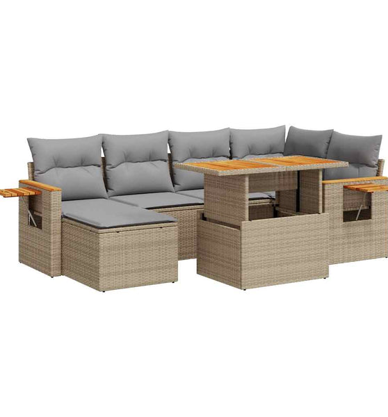 7-tlg. Garten-Sofagarnitur mit Kissen Beige Poly Rattan Akazie