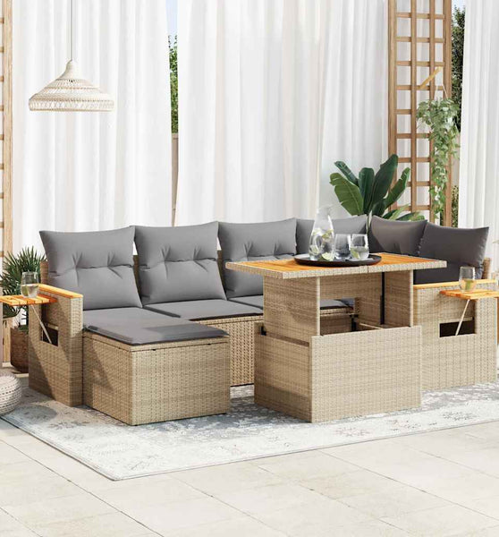 7-tlg. Garten-Sofagarnitur mit Kissen Beige Poly Rattan Akazie