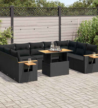 10-tlg. Garten-Sofagarnitur mit Kissen Schwarz Poly Rattan