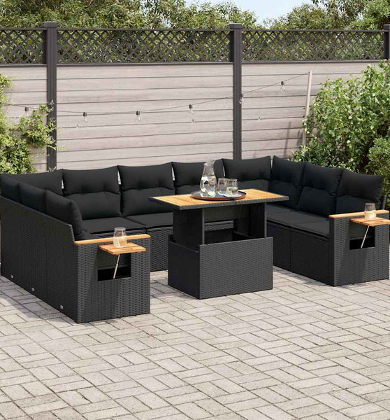 10-tlg. Garten-Sofagarnitur mit Kissen Schwarz Poly Rattan