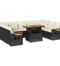 10-tlg. Garten-Sofagarnitur mit Kissen Schwarz Poly Rattan