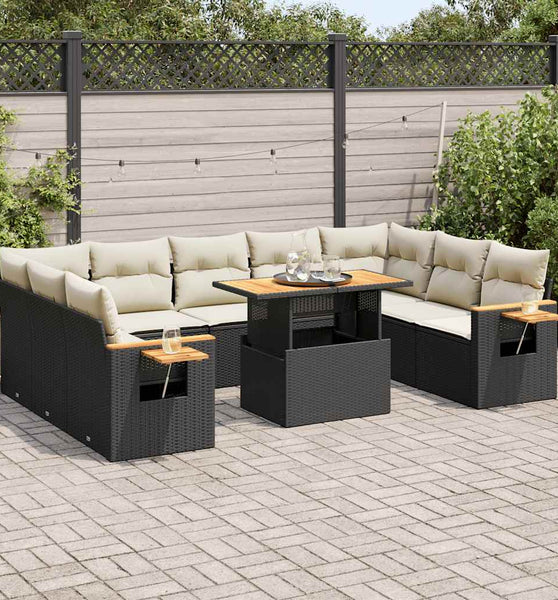 10-tlg. Garten-Sofagarnitur mit Kissen Schwarz Poly Rattan