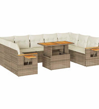 10-tlg. Garten-Sofagarnitur mit Kissen Beige Poly Rattan Akazie