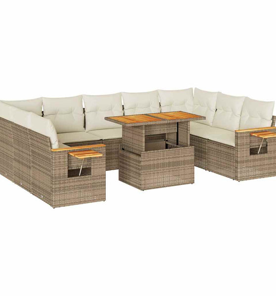 10-tlg. Garten-Sofagarnitur mit Kissen Beige Poly Rattan Akazie