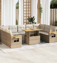 10-tlg. Garten-Sofagarnitur mit Kissen Beige Poly Rattan Akazie