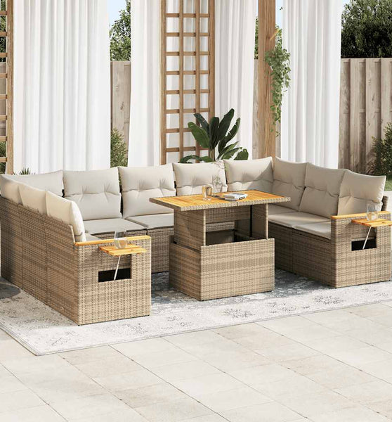 10-tlg. Garten-Sofagarnitur mit Kissen Beige Poly Rattan Akazie