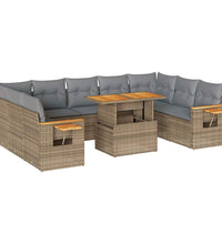 10-tlg. Garten-Sofagarnitur mit Kissen Beige Poly Rattan Akazie