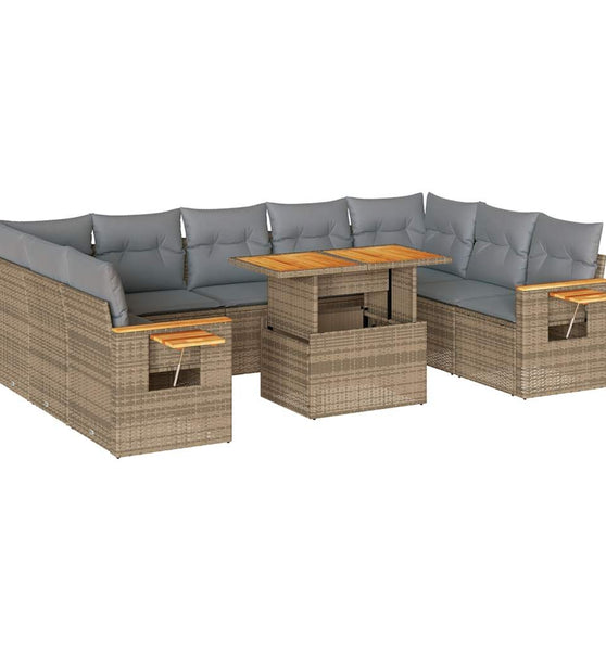 10-tlg. Garten-Sofagarnitur mit Kissen Beige Poly Rattan Akazie