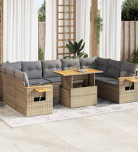 10-tlg. Garten-Sofagarnitur mit Kissen Beige Poly Rattan Akazie