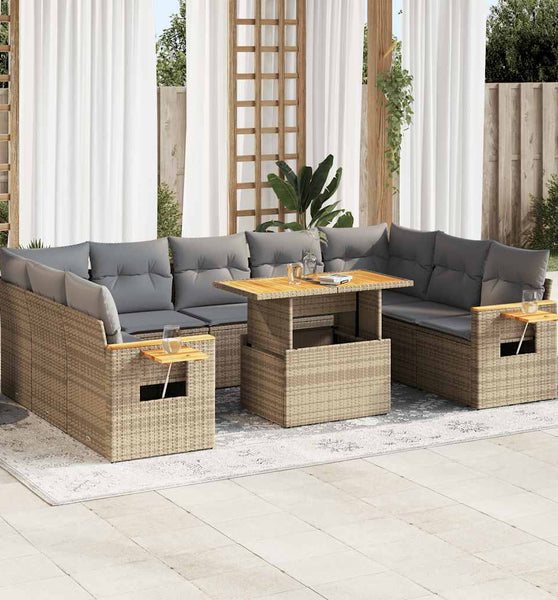 10-tlg. Garten-Sofagarnitur mit Kissen Beige Poly Rattan Akazie