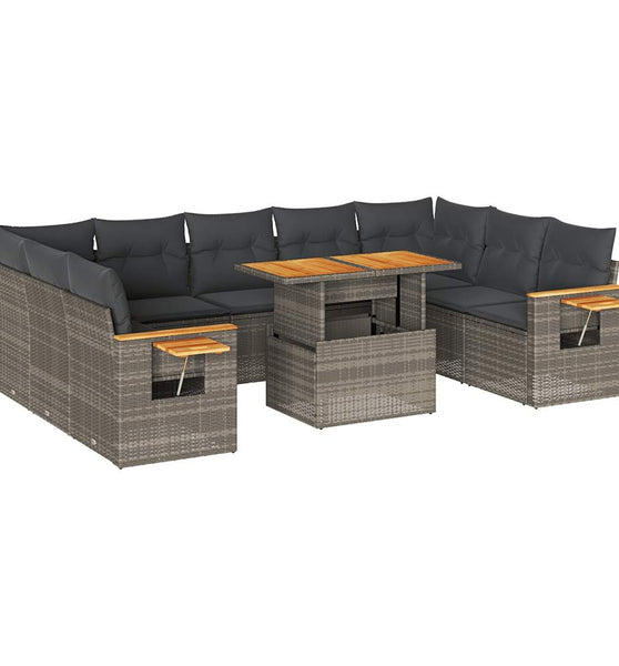 10-tlg. Garten-Sofagarnitur mit Kissen Grau Poly Rattan Akazie