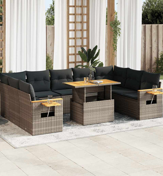 10-tlg. Garten-Sofagarnitur mit Kissen Grau Poly Rattan Akazie