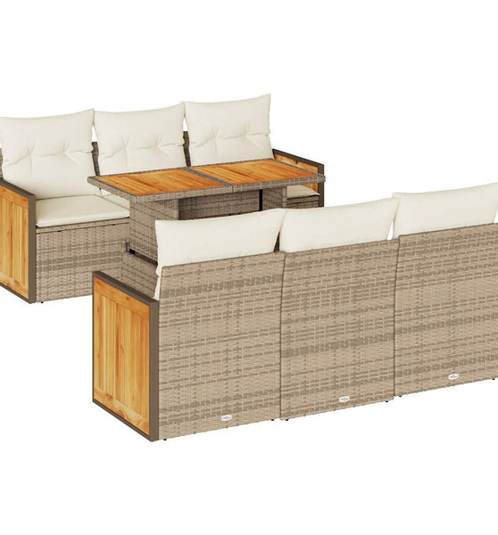 7-tlg. Garten-Sofagarnitur mit Kissen Beige Poly Rattan Akazie