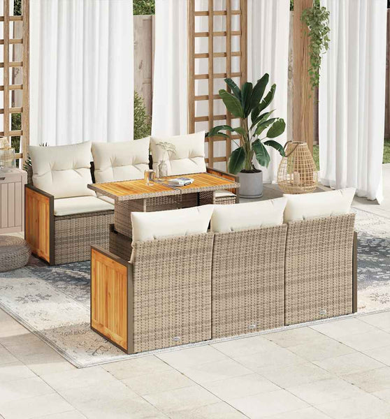 7-tlg. Garten-Sofagarnitur mit Kissen Beige Poly Rattan Akazie