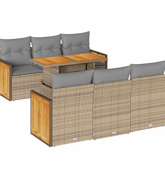 7-tlg. Garten-Sofagarnitur mit Kissen Beige Poly Rattan Akazie