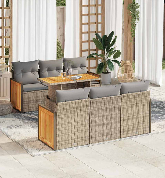 7-tlg. Garten-Sofagarnitur mit Kissen Beige Poly Rattan Akazie