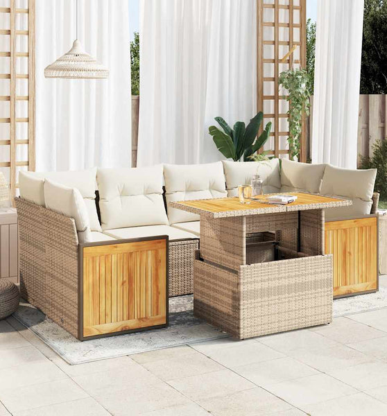 7-tlg. Garten-Sofagarnitur mit Kissen Beige Poly Rattan Akazie