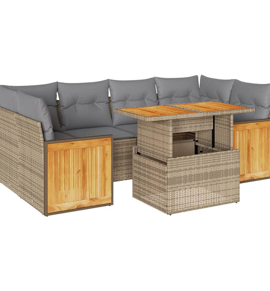 7-tlg. Garten-Sofagarnitur mit Kissen Beige Poly Rattan Akazie