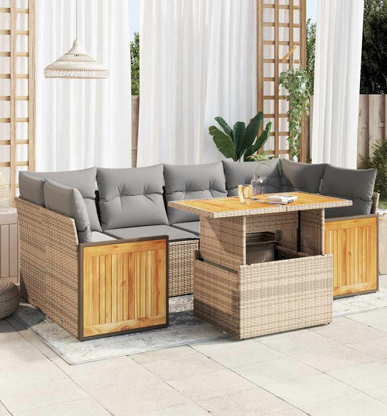 7-tlg. Garten-Sofagarnitur mit Kissen Beige Poly Rattan Akazie