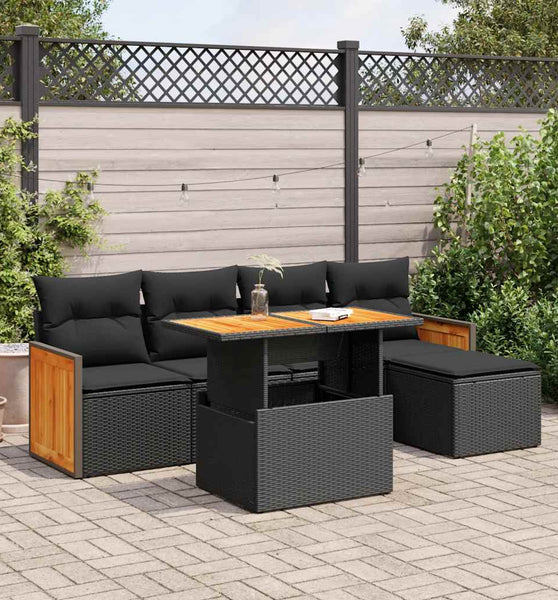 6-tlg. Garten-Sofagarnitur mit Kissen Schwarz Poly Rattan