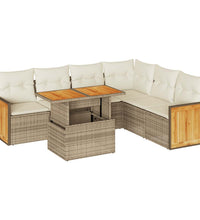 7-tlg. Garten-Sofagarnitur mit Kissen Beige Poly Rattan Akazie